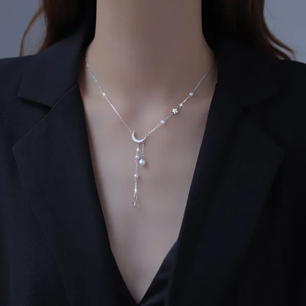 New 925 Sterling Silver Star Moon Necklace Pearl Tassel Collarbone Chain Sparkling Zircon Pendant Wedding Jewelry Accessories