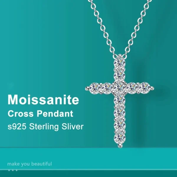 Full Moissanite Cross Pendant Necklace Original 925 Sterling Sliver Chain Plated 18k White Gold Fine Necklace for Women Jewelry