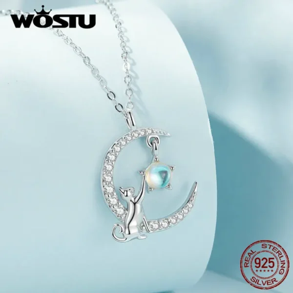 WOSTU 925 Sterling Silver Cute Cat Rabbit Necklace Star Zircon Moon Pendant Necklace Women Fine Jewelry Gifts Adjustable CQN486 - Image 2