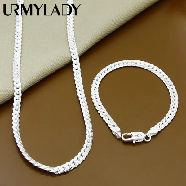 URMYLADY 925 Sterling Silver 2 Piece 6MM Full Sideways Chain Necklace Bracelet For Women Men Fashion Jewelry Sets Wedding Gift