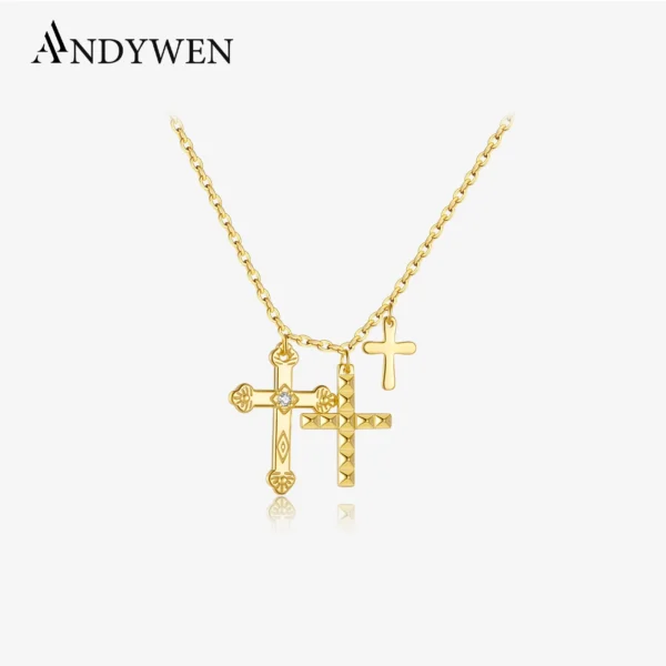 ANDYWEN Winter 925 Sterling Silver Gold Three Cross Pendant Charm Long Chain Necklace 2023 Fashion Fine Jewelry 2021 Gift