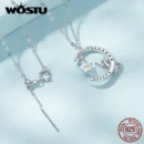 WOSTU 925 Sterling Silver Cute Cat Rabbit Necklace Star Zircon Moon Pendant Necklace Women Fine Jewelry Gifts Adjustable CQN486