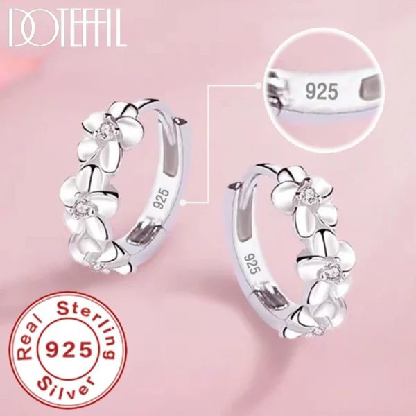 DOTEFFIL 925 Sterling Silver Small Rose Flower Round Hoop Earring AAA Zircon For Women Female Charm Engagement Wedding Jewelry