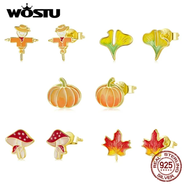 WOSTU 925 Sterling Silver Autumn-Scarecrow Leaf Pumpkin Stud Earrings Ear Buckles Simple Earrings For Women Fine Silver Jewelry