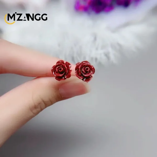 Natural Cinnabar Earrings Chinese Carved Rose Flowers Butterfly Ear Stud Lucky Amulet Temperament Fashion Jewelry Ladies Gifts - Image 3