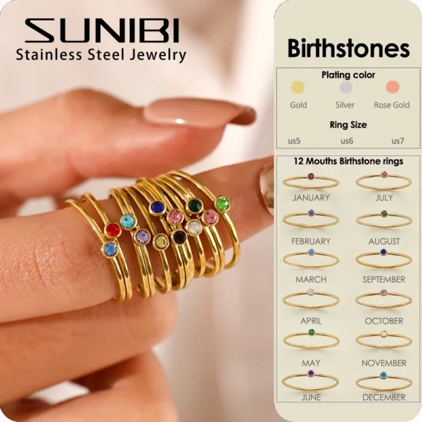 SUNIBI Stainless Steel Birthstone Ring for Woman Gold Color Simple Style Ring Festival Party Fashion Jewelry Dropshipping