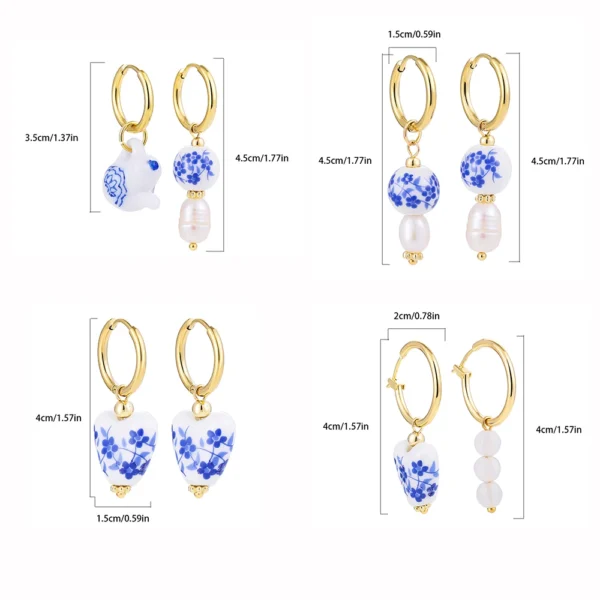 Asymmetric Blue White Flowers Heart Pearl Ceramic Beads Drop Dangle Earrings for Women Beaded Stainless Steel Huggies Earrings - Image 6