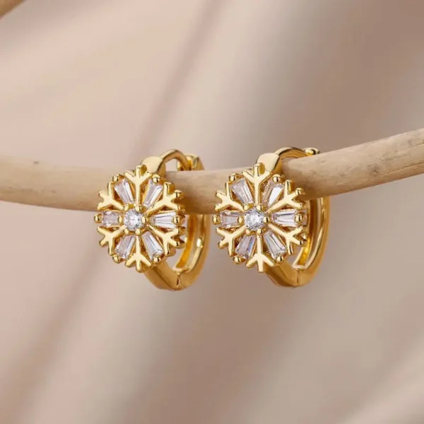 Zircon Snowflake Earrings For Women Gold Color Stainless Steel Flower Geometric Hoop Earring Aesthetic Luxury Wedding Jewerly - Image 2