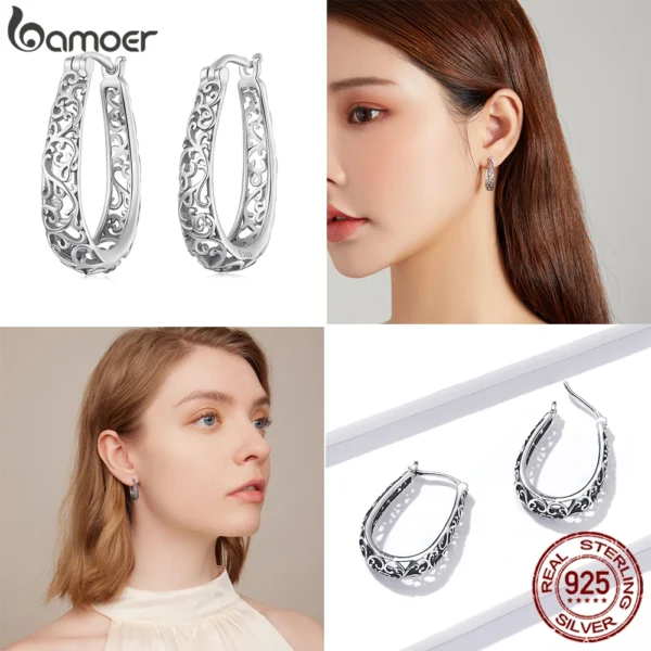 BAMOER 18K Gold Plated Filigree Hoop Earrings 925 Sterling Silver Vintage Vine Earrings For Women Fine Jewelry Original Design - Image 2