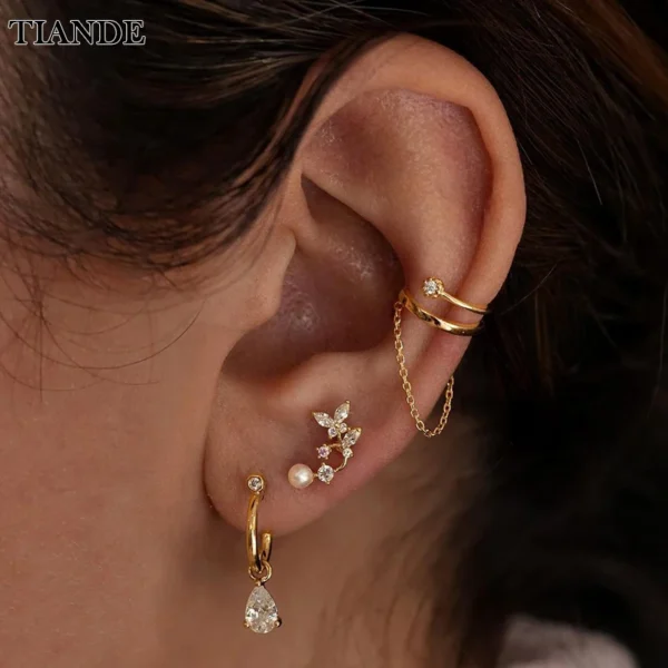 TIANDE Gold Color Chain Ear Cuffs Earrings for Women CZ Zircon Fake Piercing Clip Earrings 2022 Fashion Jewelry Wholesale