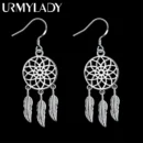 Hot high quality 925 Sterling Silver Dream catcher feathers earrings for women fashion party wedding accessories Jewelry gifts