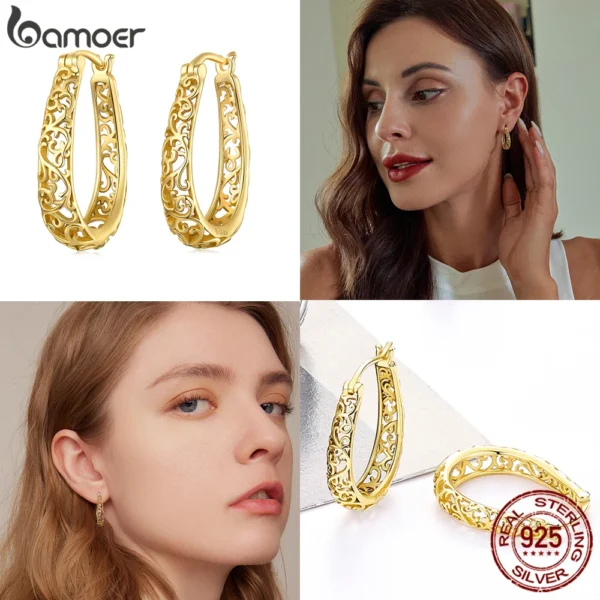 BAMOER 18K Gold Plated Filigree Hoop Earrings 925 Sterling Silver Vintage Vine Earrings For Women Fine Jewelry Original Design - Image 3