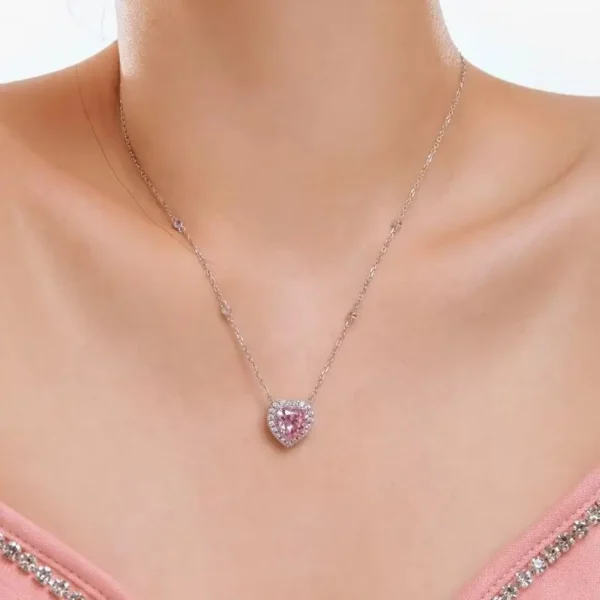 S925 Silver Pink Heart Necklace Women Brilliant 10MM Heart Pendant Necklace Female Sparkling 5A Zircon Design Luxury Jewelry - Image 2