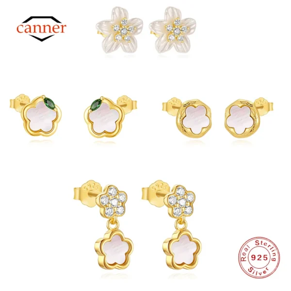 CANNER White Shell Flower Zircon 925 Sterling Silver Stud Earrings For Women Minimalism Ins Acrylic Five Petal Fine Jewelry