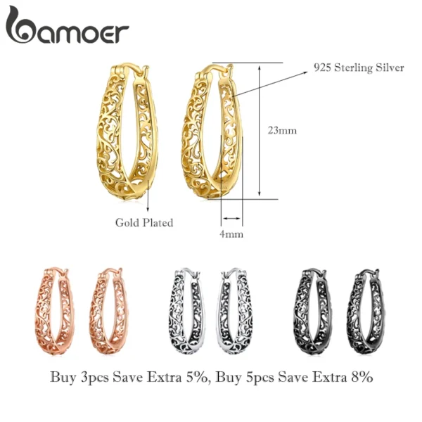 BAMOER 18K Gold Plated Filigree Hoop Earrings 925 Sterling Silver Vintage Vine Earrings For Women Fine Jewelry Original Design - Image 5