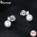 BAMOER Moissanite 925 Sterling Silver Freshwater Pearl Stud Earrings, Elegant VVS1 Clarity Lab Created Diamond Earrings MSE042