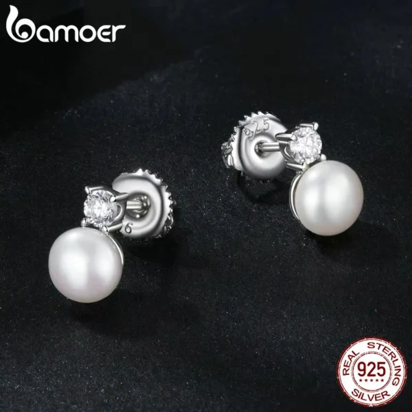 BAMOER Moissanite 925 Sterling Silver Freshwater Pearl Stud Earrings, Elegant VVS1 Clarity Lab Created Diamond Earrings MSE042 - Image 2