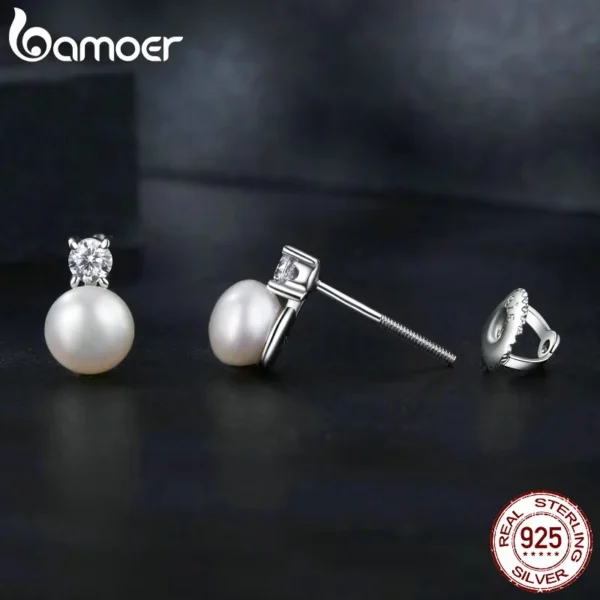 BAMOER Moissanite 925 Sterling Silver Freshwater Pearl Stud Earrings, Elegant VVS1 Clarity Lab Created Diamond Earrings MSE042 - Image 3