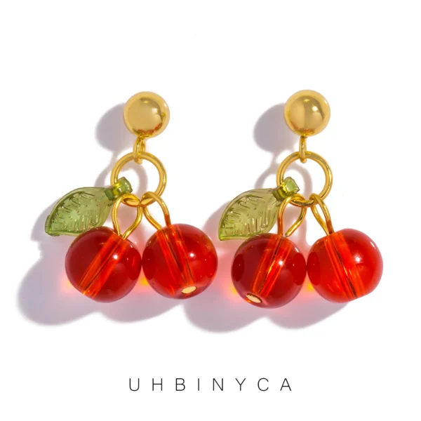 UHBINYCA New Stainless Steel 18K Gold PVD Plated Drop Earrings for Women Trendy Red Cherry Charms Drop Earring Jewelry Gift