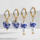 Asymmetric Blue White Flowers Heart Pearl Ceramic Beads Drop Dangle Earrings for Women Beaded Stainless Steel Huggies Earrings