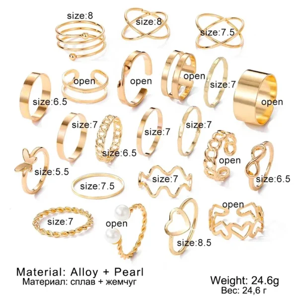 22 Piece Set of Love Butterfly Ring Opening Multi Joint Ring Set - Image 3