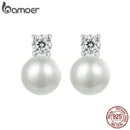 BAMOER Moissanite 925 Sterling Silver Freshwater Pearl Stud Earrings, Elegant VVS1 Clarity Lab Created Diamond Earrings MSE042