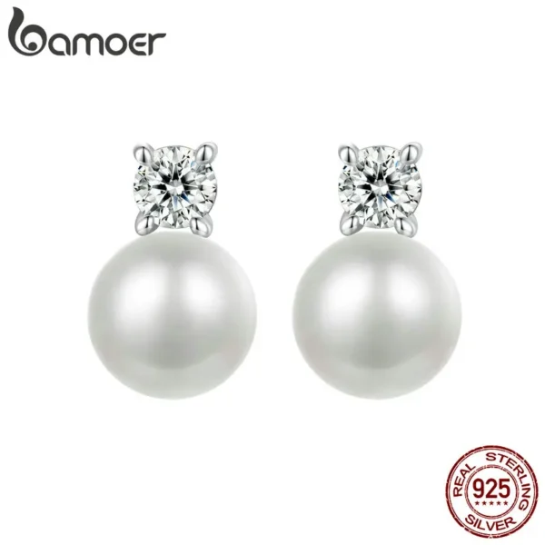 BAMOER Moissanite 925 Sterling Silver Freshwater Pearl Stud Earrings, Elegant VVS1 Clarity Lab Created Diamond Earrings MSE042