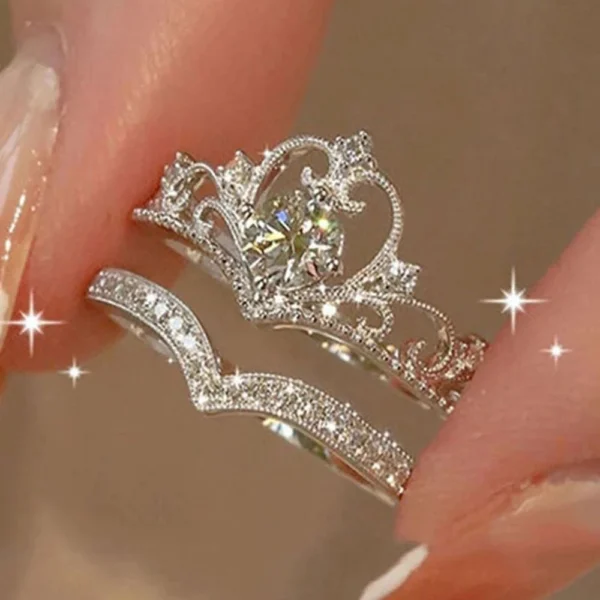 2PCS Fairy Sparkling Crown Rings for Women Teen Crystal Korean Adjustable Silvery Anniversary Gift Party Queen Ring Set Jewelry