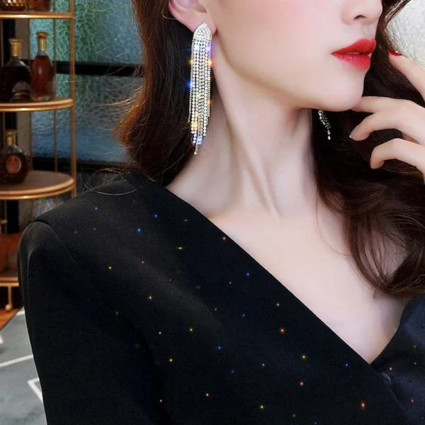 2023 New Classic Shiny Crystal Clip on Earrings Ladies Exaggerated Long Tassels Colorful Rhinestone Non Pierced Earrings Jewelry - Image 6